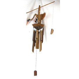 Hand Carved Large Beautiful Bamboo Wood Bobbing GOONIE Bird with NEST of Babies Wind Chime