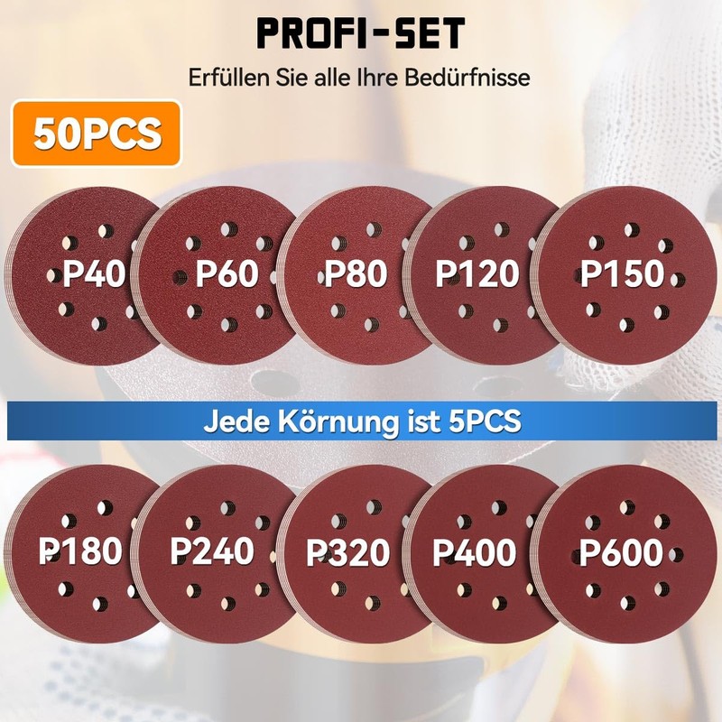 Aucenix 50 pieces sandpaper 125 mm Velcro: 8 holes sanding