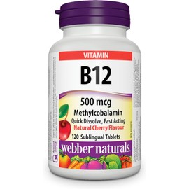 Webber Naturals Vitamin B12 500 mcg, Quick Dissolve, 120 Tablets, Natural Cherry Flavour, Supports Energy Production and Metabolism