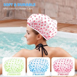 6PCS Shower Caps, Elastic Reusable Waterproof Plastic Shower Cap for Women Ladie