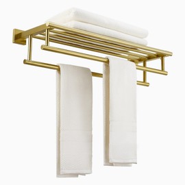 RTCUL Bathroom Towel Rack 24 Inch Tower Holder with Double Towel Bar Brushed Gold Towel Rack Wall Mounted SUS304 Stainless Steel Hotel Towel Shelf Modern Towel Hanger