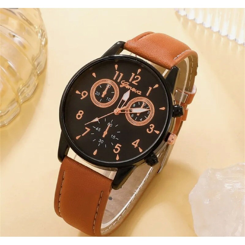 Geneva Luxury watch set for men, fashionable brown leather. Three