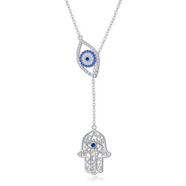 Evil Eye Hamsa Hand Necklace 925 Sterling Silver Long Necklaces for Women Trendy Lariat Y Shaped Cubic Zirconia Pendant Necklaces Fashion Jewellery for Women Gift, Sterling Silver, No Gemstone