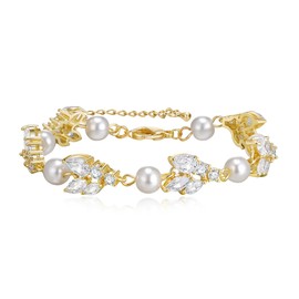 Ever Faith Faux Pearl Wedding Jewellery for Bride Bridesmaid, Gorgeous Cubic Zirconia Gold Plated Simulated Pearl Bridal Link Chain Bracelet for Women