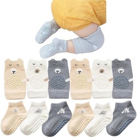 MUSLONG Baby Crawling 3 Pairs Baby Knee Pads and 3 Pairs Baby Socks, Non-Slip Crawling Aid with Rubber Dots, Crawling Protectors, Leg Warmers, Knee Pads for Toddlers 0-24 Months, multicoloured
