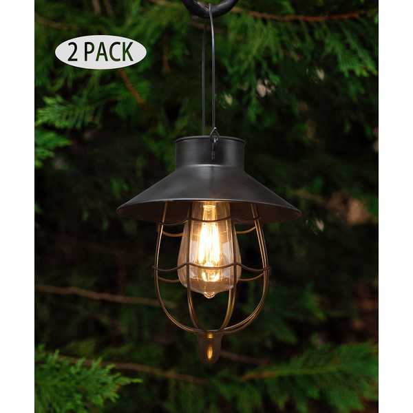 YAKii 2 Pack Solar Lantern Hanging Waterproof Outdoor Metal Solar Lamp with Warm White Light Decorate for Yard Garden Pathway Patio Porch Decor (Black)
