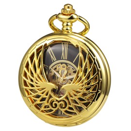 TREEWETO Unisex Pocket Watch with Chain Analogue Hand Winding Double Hinge Eagle Skeleton Roman Numerals Gold, Gold 122, Classic