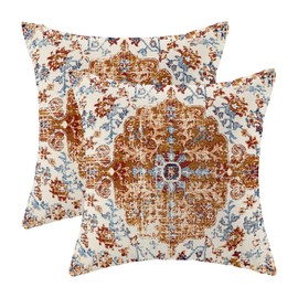 Boho Pillow Covers 16x16 Inch Set of 2,Carpet Pattern Throw Pillows Case,Mustard Yellow Blue Ethnic Design Outdoor Decorative Square Linen Farmhouse Decor Cushion Covers for Home Sofa Bed Couch