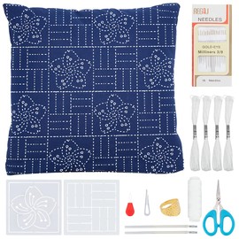 WEBEEDY Sashiko Pillowcase Template Kit DIY Sashiko Pattern Pillowcase Embroidery Set with Template,Japanese Embroidery Kit with Instruction for Beginners Sofa Pillow Cover Needlework Gift,15.7x15.7
