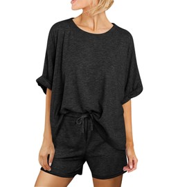 Tankaneo Womens 2 Piece Lounge Sets Oversized Short Sleeve T-shirts Drawstring Shorts Pajamas Summer Outfits Black
