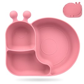 PHEENOWL Silicone Baby Plate with Super Suction – Snail Shape 3 Compartment Toddler Food Plate Self Feeding Unbreakable Eating Supplies for Boys and Girls (Pink)