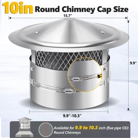 QUEYAAM 10 Inch Chimney Cap,(6/7/8/9/10/12) inch Stainless Steel Cone Top Chimney Cap with Screen, Adjustable and Reinforced Round Chimney Cap, Chimney Cover for Vents,Rain Cap for All-Round Chimney