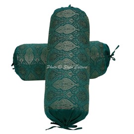 Stylo Culture Ethnic Cylindrical Settee Bolster Pillow Covers Emerald Green Damask Silk Jacquard Weave Round Tube Pillow Traditional Floral Tubular Brocade Cushion Covers - (76x38 cm) | Set of 2 Pcs
