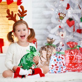 FEPITO 10 Pack Christmas Bags Large Size Wrapping Assorted Styles Christmas Bags with Ribbon Ties for Xmas Wrap