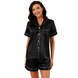 Sumeyuyu Women's Silk Pajama Sets Summer Satin Short-sleeves Button Down Pajamas Sleepwear 2 pieces pjs S-XXL, Black, Large