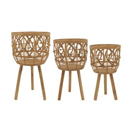20"/23"/26" Set of 3 Bamboo Wood Planters on Stands, Indoor Outdoor, Natural, Tri-Footed Wicker Bamboo Planters Baskets for Garden, Patio, Entryway, or Living Room, Plant Stand Outdoor Tall Plants