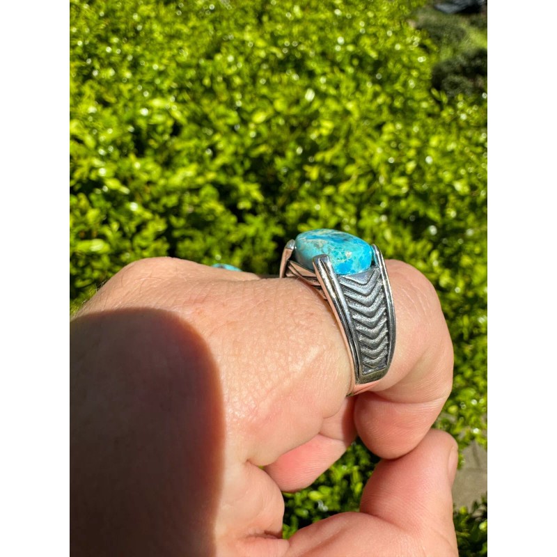 HarlemBling Blue Genuine Turquoise Mens Real Solid 925 Sterling Silver
