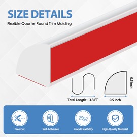 Flexible Quarter Round Molding Peel and Stick Rubber Quarter Round Trim Molding Self Adhesive Wall Corner Trim Molding for Wall Edge Corner Countertop, White, 1/2” W x 1/2” H x 39” L