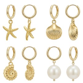 ZYIJUNY 4 Pairs Huggie Hoop Beachy Earrings Set for Women, 14K Gold Plated Ocean Elements Hoop Dangle Drop Earring - Shell/Starfish/Conch/Pearl Earrings- Minimalist Summer Beach Jewelry Gift