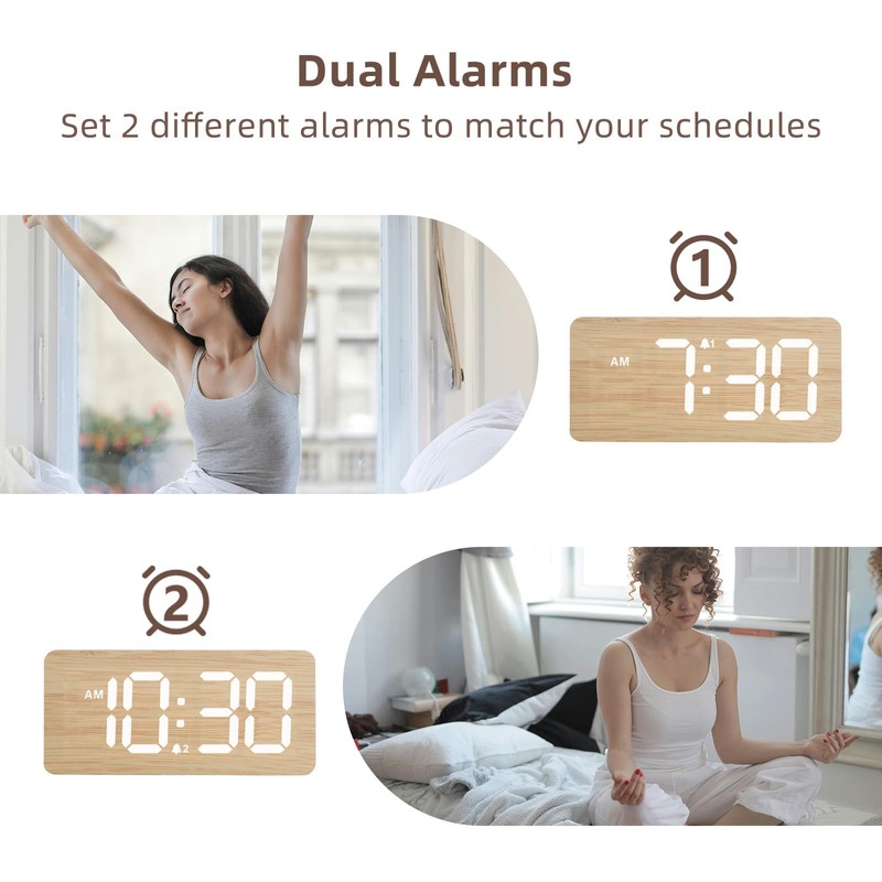 uscce Wooden Digital Alarm Clocks for Bedrooms: Dimmable Dual Alarm