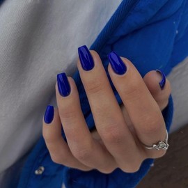 KQueenest Acrylic Press on Nails Short Medium Coffin, Royal Blue False Nails Short Ballerina, Glossy Natural Solid Color Fake Nails Set, Reusable Gel Stick on Nail for Women Finger Daily Wear 24 Pcs