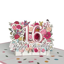 HOMANGA Happy 16th Birthday Pop Up Card, 16 Birthday 3D Greeting Card for Her, 16th Birthday Gifts for Girl Sister Daughter Nephew, Sixteen Pop Up Birthday Card with Blank Note and Envelope, 15x20 cm