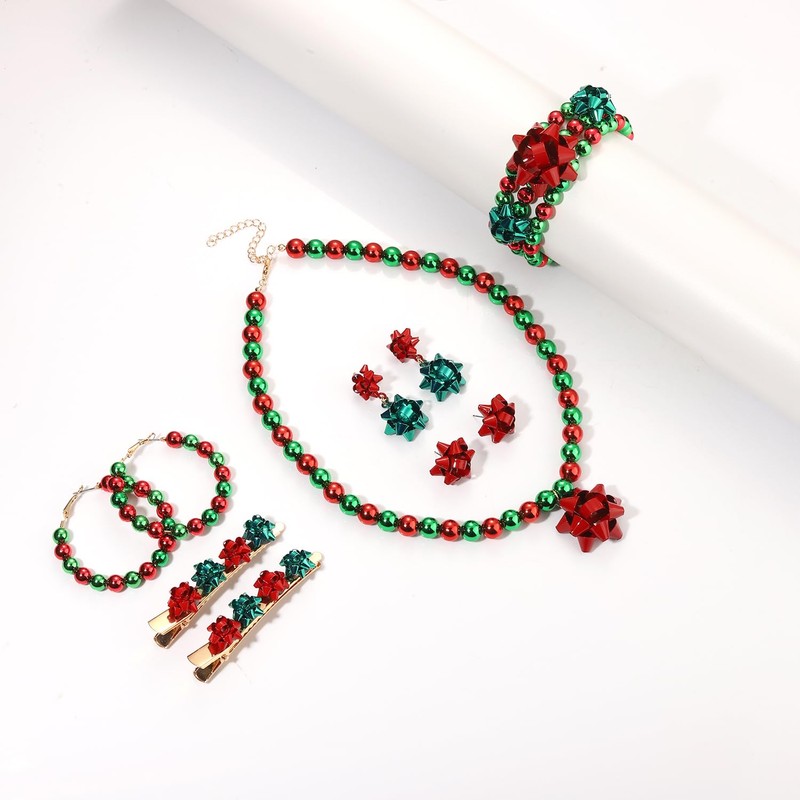 Boderier Christmas Jewelry Set for Women - Bow Necklace, Earrings,