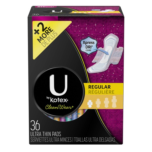 U by Kotex Cleanwear Ultra Thin Pads with Wings, Regular, 36 Count