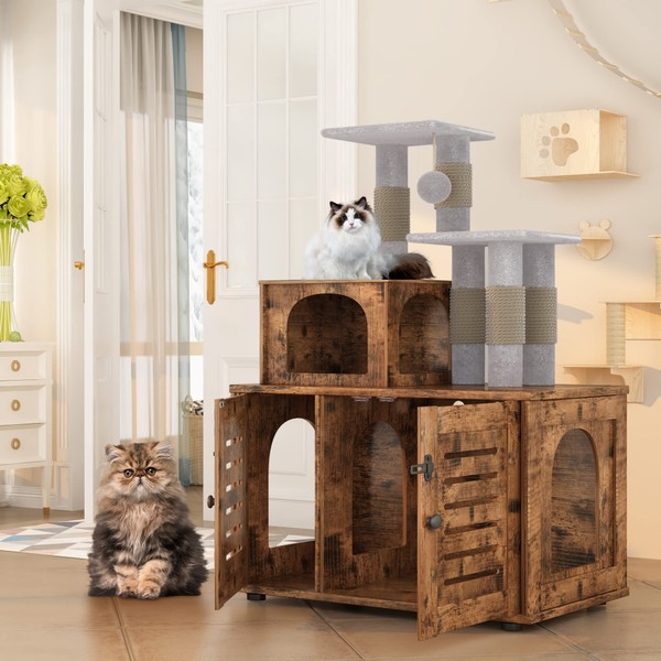 Lamerge Cat Litter Box Enclosure,Hidden Kitty Washroom,Multifuctional Enlarged Cat Litter Cabinet Cat House with Cat Tree Tower Scratching Post,Removable Divider,Rustic Brown