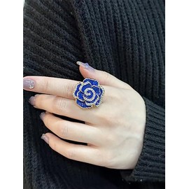 IMINI CZ Rose Flower Promise Ring for Women Girls Statement Diamond Crystal 3D Enamel Flowers Adjustable Open Wrap Finger Rings Comfort Fit Vintage Elegant Wedding Jewelry Gifts (Blue)