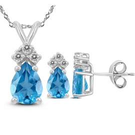 Genuine 2.18 Ctw Natural 7x5mm Pear Shape gemstone With White Topaz Necklace & Earrings Set In 925 Sterling Silver. (blue-topaz)