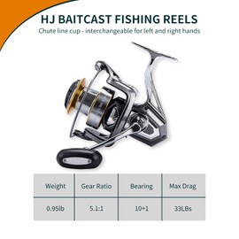Fishing Reel – Spinning & Baitcasting, HJ Baitcast 6000 Size, 10+1 BB, 5.1:1 Gear Ratio, 33LB Max Drag, 0.95lb Weight for Saltwater & Freshwater Fishing