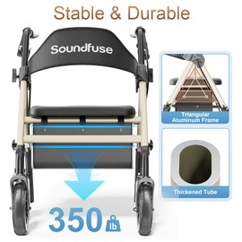Soundfuse Rollator Walkers for Seniors with Seat, Foldable Lightweight Rolling Walker with 8" Big PU Wheels, Ergonomic Seat, Dual Height Adjustment