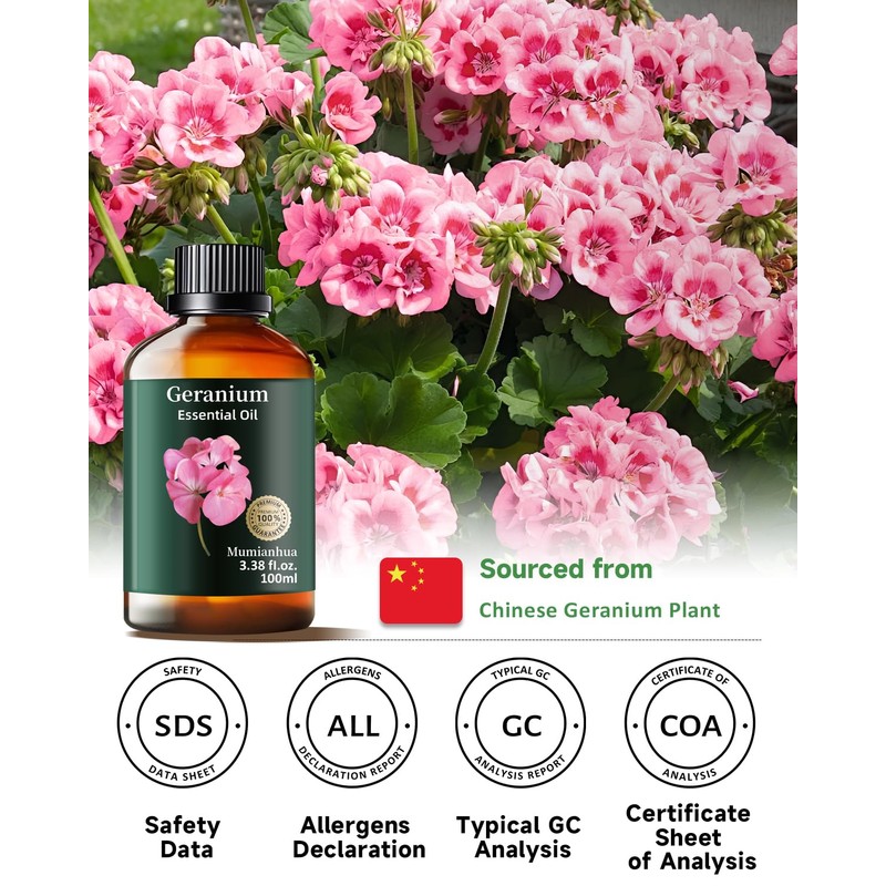 Geranium Essential Oil, Mumianhua Pure Rose Geranium Oil for Balanced