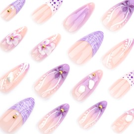 Press on Nails Almond Medium Length Glossy Full Cover Acrylic French Almond False Nails with Designs Artificial Almond Shaped Fake Nails with Charms Glue Stick ons Fingernails for Women Girls(JP3503)