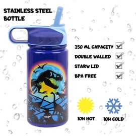 Fringoo - 350ml Toddler water bottle - Insulated Water Bottle - Stainless Steel and Straw Fliptop Durable and Cool Design - Dinosaur Moon