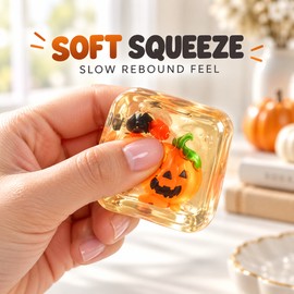Halloween Sensory Squeeze Cubes 4-Pack, Mini Slow-Rebound Ice Cube Toys with Spooky Character Centers for Desk Play, Boo Baskets & Party Favors for Teens and Adults