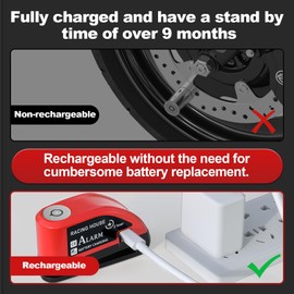 JAGASOL Motorcycle Lock Rechargeable, Alarm Disc Brake Lock with Reminder Cable, 110 dB Alarm Sound, Anti-Theft Waterproof, 2 H Fast-Charging, 9 Months Standby, 7 mm Lock Pin Universal for Bikes