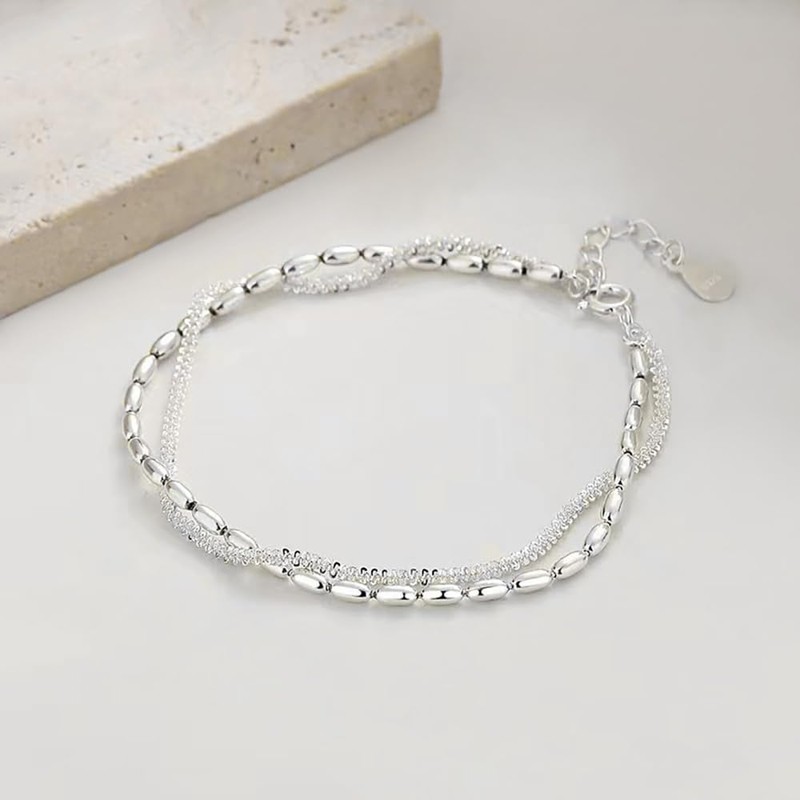 PHNIBBIRD 925 Sterling Silber Arrmband Doppelte Kette Glitzernd Armband mit