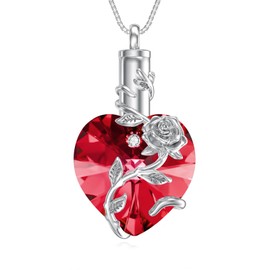 OCJ Heart Rose Flower Urn Necklace for Ashes, January Birthstone Garnet Necklaces Sterling Silver Memorial Cremation Jewelry Gifts for Women