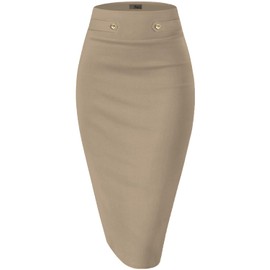 Hybrid & Company Womens Pencil Skirt Premium Nylon Ponte Stretch Office Made in The USA Below Knee Khaki
