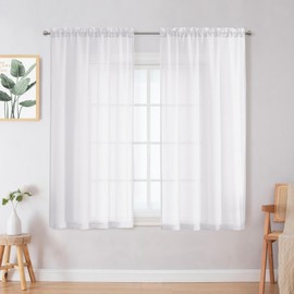 Chyhomenyc Crushed Sheer White Curtains 54 Inch Length 2 Panels, Light Filtering Solid Crinkle Voile Lightweight Textured Sheer Curtian for Bedroom Bathroom, 28Wx54L Inches, 2 PCS