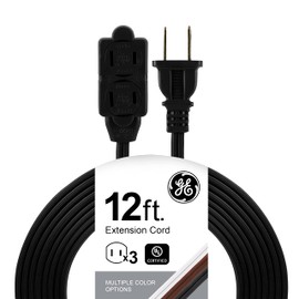 GE 12 Ft Extension Cord, 3 Outlet Power Strip, 2 Prong, 16 Gauge, Twist-to-Close Safety Outlet Covers, Indoor Rated, Perfect for Home, Office or Kitchen, UL Listed, Black, 45152