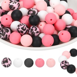 PATIKIL 100 Pcs Silicone Beads Bulk, 5 Color 15mm Silicone Round Focal Loose Beads for Keychain Pens Bracelets Necklace DIY Crafts Making (Orange/White/Leopard/Black/Pink)