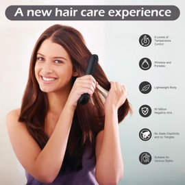 Negative Ion Hair Straightener Brush,Straightening Comb with Dense Bristles,Dual Voltage, 4 Temp Settings,Cordless Hair Straightener Anti-Scald, Suitable for Home Professional Salons，Travel