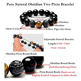 Black Obsidian Bracelet,Feng Shui Black Obsidian Wealth Bracelet for Women Men Couples Handmade Stretch Obsidian Bracelet Bangle with Carved Pixiu Tiger Eye Stone Attract Wealth Money and Good Luck