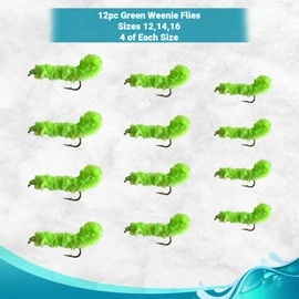 Feeder Creek Green Weenie Caddis Nymph Fly Fishing Flies | 12pc Fly Fishing Flies for Trout | Trout Flies | Bass Flies | Flies for Fly Fishing | 3 Size Assortment 12,14,16