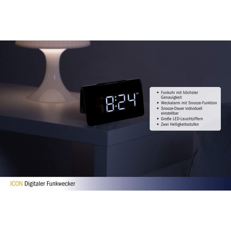 TFA Dostmann ICON 60.2543 Digital Radio-Controlled Alarm Clock, Plastic, Black,