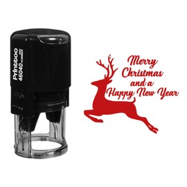 Printtoo Round Self Inking Merry Christmas and Happy New Year Rubber Stamp Reindeer Holiday Stamper-Red