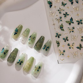 Butterfly Nail Art Stickers Decals 5D Embossed Gold Star Self-Adhesive Pegatinas Uñas 3D Green Butterfly Nail Supplies Nail Art Manicure Design Decoration DIY Accessories 1 Sheet